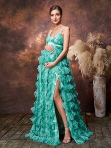 Faeriesty Elegante vestido de fiesta largo con tirantes finos para embarazadas, con detalles fruncidos en el pecho para una dimensión femenina, bajo con volantes y abertura, con múltiples capas de volantes, ideal para bodas de primavera, celebraciones del Día de la Madre y eventos de baby shower - Verde - Ver 3