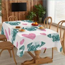 1pc Cute Pug Dog & Pink Heart Tablecloth, Featuring Pug Face Print - Turquoise & Pink Puppy Design, Durable Fabric Rectangular Tablecloth, Suitable For Party, Dining Table, Easy To Clean Pet Themed Tableware - Multicolor - View 8