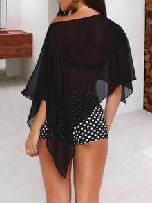 Women's Solid Color Asymmetric Sheer Blouse - Black - View 2