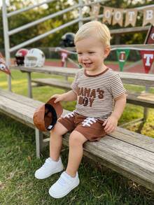Toddler Baby Boy Summer Outfits Letter Baseball/Football /Rugby Embroidery Short Sleeve T Shirt And Plaid Shorts 2 Pcs Set, Toddler Baby Boy Football Clothing Set, - 卡其色 - 查看 4