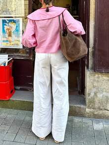 Urban Chic Sweet Tie-Up Peter Pan Collar Ruffle Flare Sleeve Blouse, Suitable For Singles' Party, Back To School Season, Holiday Outfits, Party Dresses, Halloween, Eid, Autumn Women's Wear - Pink - View 3