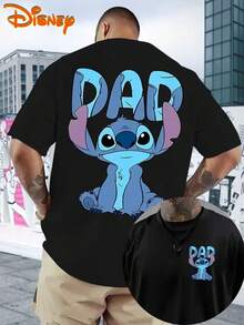 Disney Authorized Spring And Summer Men's Fashion Short-Sleeved Shi Diqi Dad Print Pattern Spring And Summer New Men's Fashion Short-Sleeved Breathable T-Shirt, Fashion Street T-Shirt Clothing, Spring Fashion Short-Sleeved Disney Shirts For Men And Women, Casual Clothes, Men's Casual Tops, Suitable For Everyday Wear. - 黑色 - 查看 1