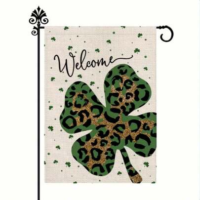 1 Stück Gartenflagge mit Leoparden-Kleeblatt-Motiv, vertikale Juteflagge für einen fröhlichen St. Patrick's Day, Frühlingsfeiertag, Landhausstil für Außenbereich, ohne Fahnenmast.