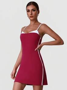 Sodalemon Women's Contrast Color Workout Fitness Dress, Elastic Sports Casual Yoga Dress With Contrast Lining Summer - Red Violet - View 7