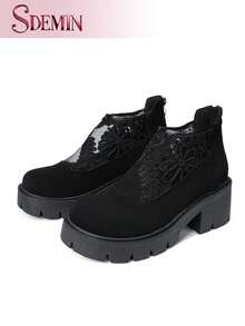 SDEMIN Early Autumn And Winter Daily Wear, Date Travel, Ladies' Temperament, Floral Print Lace Ankle Boots, Back Zipper Square High Heels, Round Toe Boots, And Fashionable Pointed Black Mesh Breathable High Heels - màu đen - Xem 9