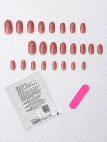 24 件椭圆形淡粉色棺材美甲按压指甲，简约优雅的日式女士美甲套装，办公室穿着，配有指甲锉、角质层推刀和果冻指甲胶美甲用品 - 藕粉色 - 查看 4