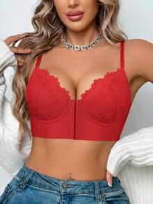 Women's Red Lace Front-Closure Underwire Push Up Bra - Side Coverage & Anti-Sag - Red - View 6