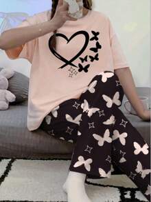 Teen GirlSummer Short Sleeve Top And Pants Set, Crew Neck Cartoon Rabbit Print Outfit - Pink - View 3