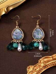 一对时尚海洋元素几何仿珍珠鲍鱼纹理薄荷绿水滴流苏耳环，独特设计 - 金黃色 - 查看 5