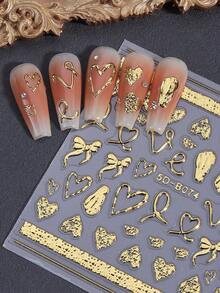قطعتان ملصقات فن الأظافر مزخرفة بارزة 5D ذهبية بشكل شريط وعقدة قلب، ديكورات أظافر DIY لاصقة لعيد الحب والمناسبات، مستلزمات فن الأظافر للصالونات والاكسسوارات - الذهبي - مشاهدة 4