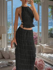 Bộ váy maxi xếp ly nhiều lớp bằng chiffon, viền ren, kiểu cổ yếm hở lưng, bộ 2 mảnh lãng mạn, thanh lịch dành cho nữ, thích hợp cho các bữa tiệc hóa trang, tiệc tùng, phong cách Gothic, đám cưới. #Bộ hai mảnh, dành cho nữ, mùa xuân hè 2026, mùa cưới, lễ hội âm nhạc, mùa tựu trường. Vui lòng mặc đồ lót màu da. - màu đen - Xem 7