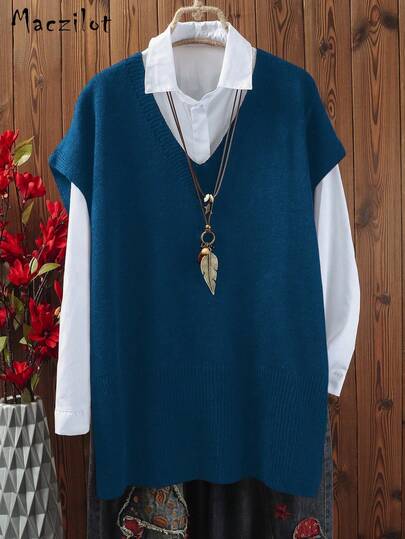 大码女式套头毛衣，休闲舒适V领无袖针织上衣