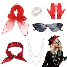 Bộ phụ kiện nữ phong cách cổ điển thập niên 40-50 (1/4/6 món), bao gồm khăn quàng cổ, kính mắt mèo, băng đô chấm bi và găng tay, phù hợp cho tiệc theo chủ đề thập niên 50, trang phục Halloween, lễ hội hóa trang, mặc hàng ngày và các sự kiện theo chủ đề. - Bộ đồ cổ điển - Xem 5