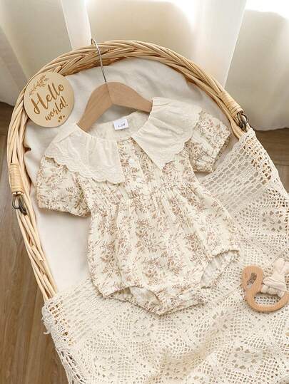 Baby Girls' Cute Floral Print Seersucker Ruffle Collar Smocked Front Snap Closure Romper, Summer