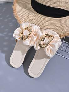 1 Pair Cute Bow Design PU Leather + Massage Pad Soft Bottom Non-Slip Flat Baby Sandals, Fashion Comfortable Versatile Girls Slippers, Suitable For Spring, Summer, Autumn, Outdoor Wear - Beige - View 3