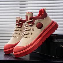 Men's Red & White Contrast High-Top Casual Shoes, Thick Sole Work Boots, Daily Commute Sneakers - Red - View 3