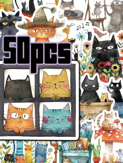 50 piezas Pegatinas de gato de arte graffiti de dibujos animados, pegatinas de recompensa para superficies de cerámica y vidrio de un solo uso para escritorio, bicicleta, casco, bolígrafo, bolsa, estantería, maleta, suministros de oficina y accesorios, pegatinas decorativas con textura mate, perfectas para regalos y envoltorios