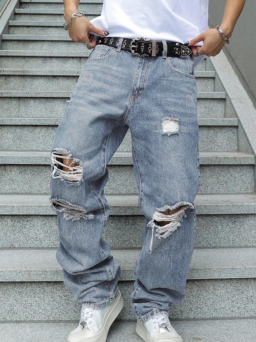 Men's Ripped Jeans Relaxed Fit Straight Leg Distressed Vintage Denim Pants Y2K Hip Hop Skater Streetwear Casual Trousers - 淺色水洗藍 - 查看 1