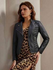 Giolshon 女士时尚 PU 皮革摩托车夹克 - 休闲街头风夹克，适合春秋季穿着 - 黑色 - 查看 2