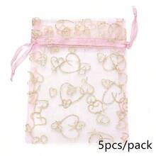 5 túi quà tặng hình trái tim bằng vải organza phủ bột vàng, túi lưới có dây rút 10*14cm, túi đựng quà tặng trang sức thời trang thanh lịch cho các dịp lễ. - Nhiều màu - Xem 9