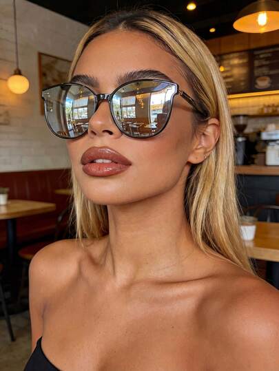 Y2K 水银镜片圆形大框时尚眼镜，塑料材质，休闲装饰日常佩戴，男女通用