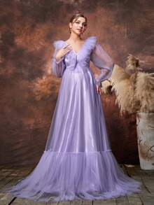 Faeriesty Elegant Maternity V-Neck Gown – Ruffle Trim, Multi-Layer Skirt, Perfect For Baby Showers, Formal Galas, And Romantic Dinners - Lilac Purple - View 5