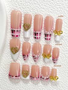 10pcs Luxury French Style Acrylic Nail Art Set, Includes Gold Hollow Heart, Bow Tie Nail Decor, White Faux Pearl Accents, Hand-Painted Striped & Checkered Patterns Nails Nail Supplies Handmade Press On Nails - 彩色 - 查看 1