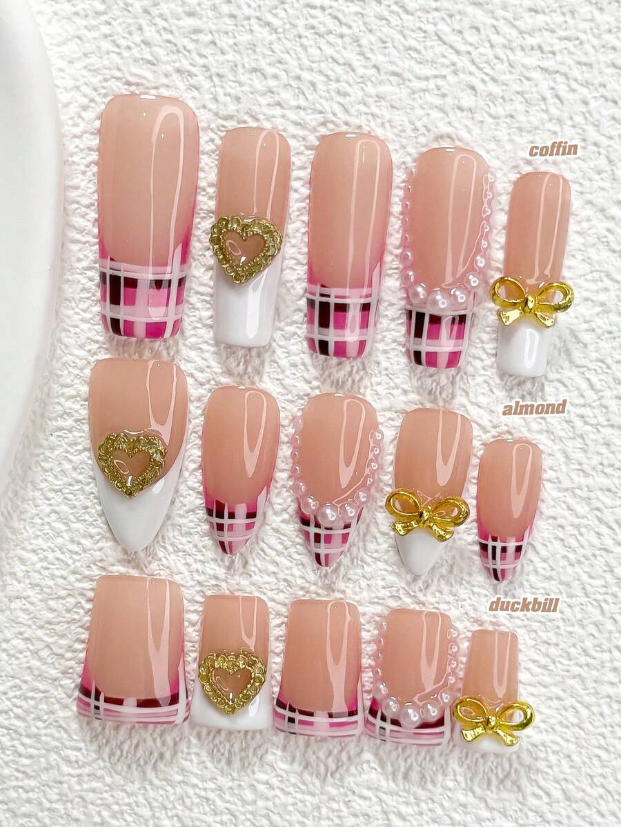 10pcs Luxury French Style Acrylic Nail Art Set, Includes Gold Hollow Heart, Bow Tie Nail Decor, White Faux Pearl Accents, Hand-Painted Striped & Checkered Patterns Nails Nail Supplies Handmade Press On Nails - 彩色 - 查看 1