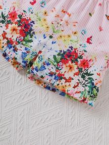 Bộ áo liền quần không tay in họa tiết sọc nhún bèo mùa hè cho bé gái - Hồng - Xem 5