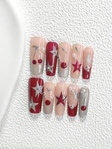 10件套美甲凝胶套装，法式风格，亚克力美甲贴片，手绘不对称红色五芒星，金色和银色五芒星美甲装饰，银色和白色不对称珠子点缀，包含美甲工具（1个果冻贴片+1个指甲锉），3种尺寸：杏仁形、鸭嘴形、棺材形美甲贴片 - 彩色 - 查看 19