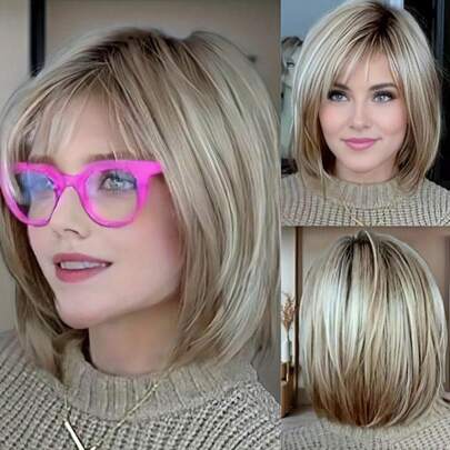 10 Inch Brown Mixed Blonde Bob Wig With Bangs For White Women Ombre Brown With Highlight Blonde Synthetic Wig Breathable And Comfortable Rose Inner Net Suitable For Daily Party Use