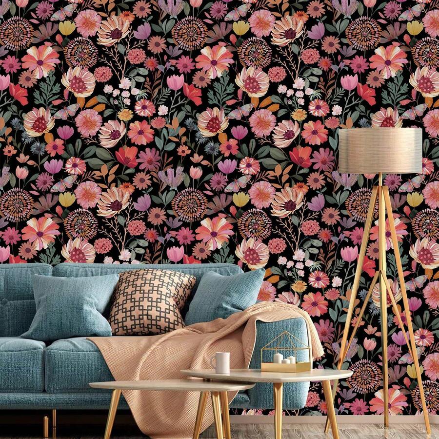 1 rollo de papel tapiz autoadhesivo con estilo bohemio y floral - papel tapiz extraíble y reutilizable, patrón de flores colorido, estilo vintage de granja, 17.32 pulgadas de ancho, adhesivo decorativo de pared, decoración del hogar DIY, decoración de sala de estar y accesorios, papel tapiz de cocina, papel tapiz estético, papel de contacto amigable para inquilinos, papel tapiz decorativo para fiestas