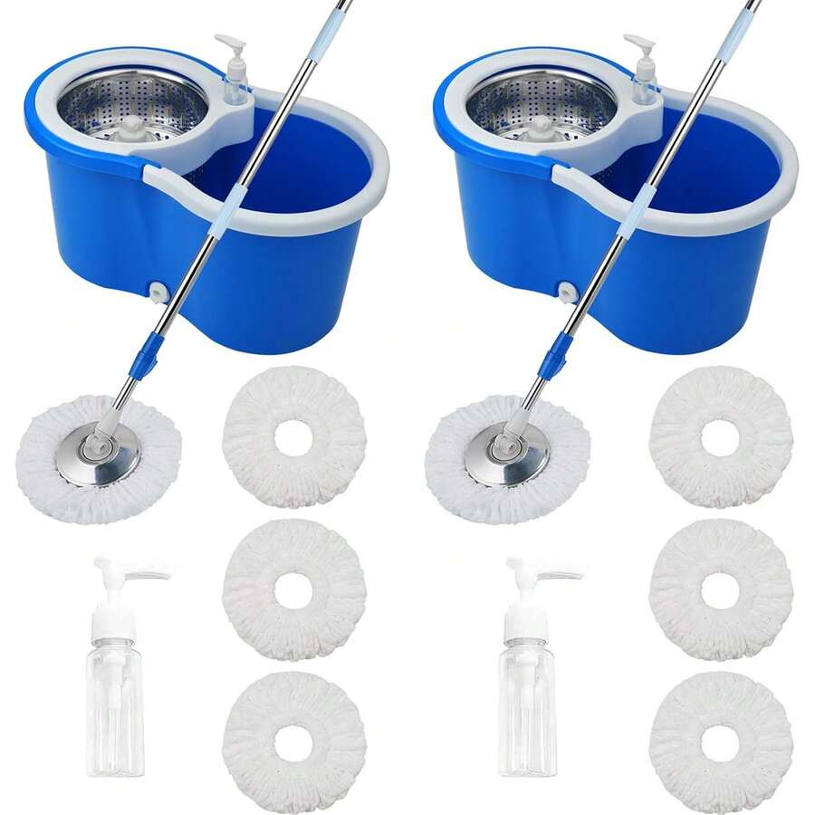 Mop And Bucket Set, 360° Spin Mop And Bucket With Wringer Set And 6 Microfiber Mop Refills, Stainless Steel 61" Extended Handle Spinning Mop Bucket System For Floor Cleaning (2 Sets) - A - 查看 1
