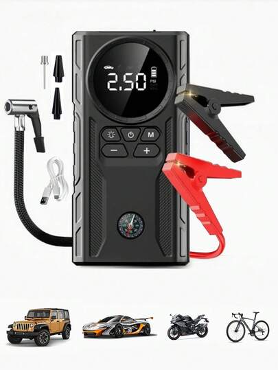 空气压缩机动力汽车应急启动器 - 便携式充电器，可快速为手机充电，带应急LED灯、快速充气、胎压监测、12V汽车电瓶增压器