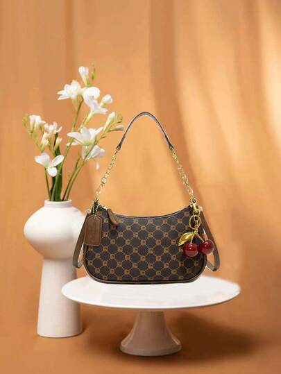 Nuevo bolso de hombro de moda clásico con diseño de estrella rosa, material de PU impermeable, decoración con letra, unicolor en forma de media luna, bolso de hombro con cadena, monedero con colgante de cereza, elegante bolso para ir al trabajo, ligero, amplio espacio de almacenamiento, adecuado para compras, reuniones, se puede usar cruzado.