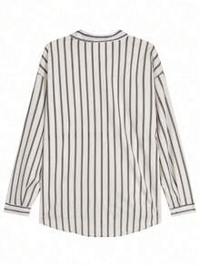 宽松口袋条纹长袖衬衫，百搭休闲上衣 - 杏色條紋 - 查看 5