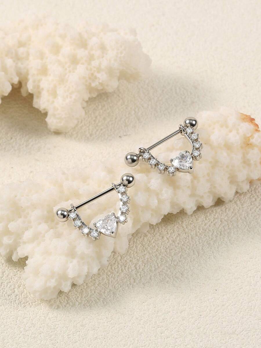 1 Pair Women's Stainless Steel Zirconia Heart Screw Stud Earrings, Punk Piercing Everyday Accessory - Silver - View 1