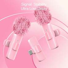 60mAh Battery Wireless Lavalier Microphone, Noise Cancelling, For Live Streaming, Karaoke, Pink - Pink - View 5