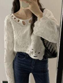 秋季新款高端小众设计百搭镂空刺绣长袖女式衬衫 - 白色 - 查看 3