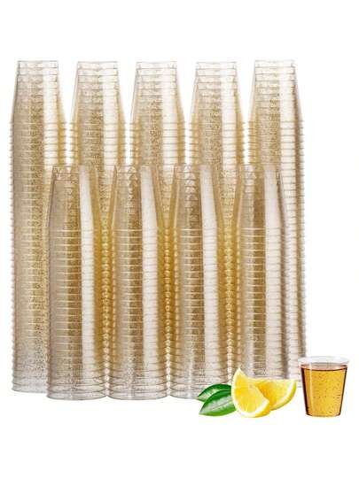 100/50/25pcs Transparent Gold Glitter 1oz Champagne Flutes, Wine Glasses, Cocktail Glasses, Reusable Drinkware For Wedding Toasting, New Year, Christmas, Party, Wedding, Birthday, Valentine's Day, Back To School And Other Events