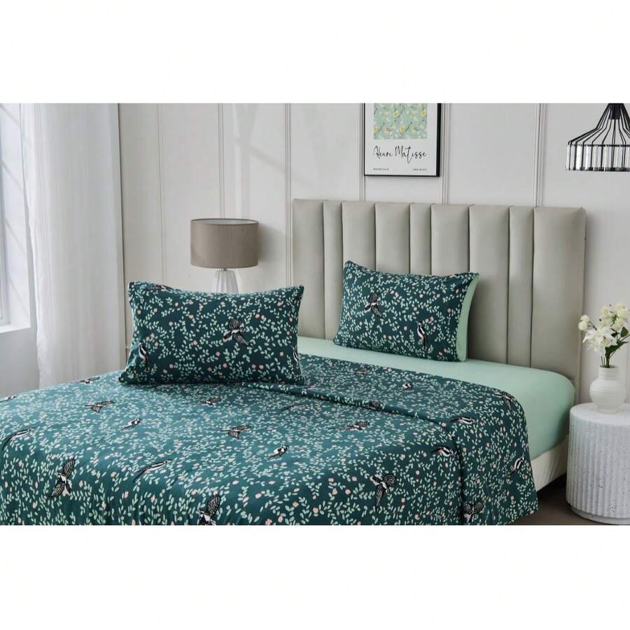Soft Printed Sheet Set Fitted And Flat Bed Sheet With Pillowcases All Season Bedding - Lettie Green - View 1