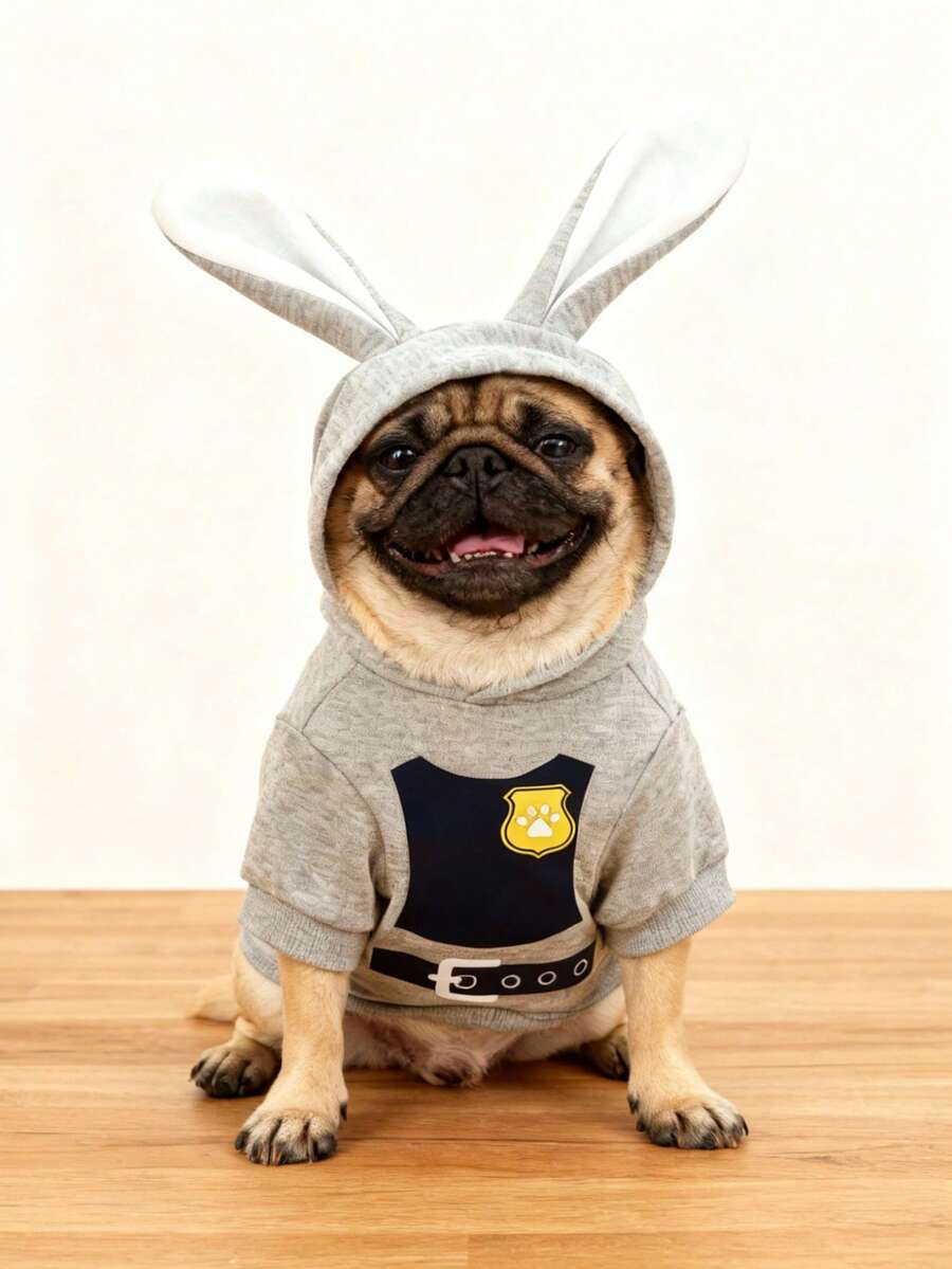 LUCKIE LABO 1pc Animal Rabbit Officer Costume Hoodie Sweatshirt, Fashionable Pet Apparel Suitable For Small Dogs And Cats, Indoor And Outdoor Wear - Grey - View 1