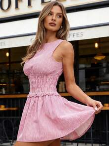 Vestido mini de verano para mujer, sin mangas, con estampado de rayas y cuello barco, ajustado a la cintura - Rojo - Ver 4