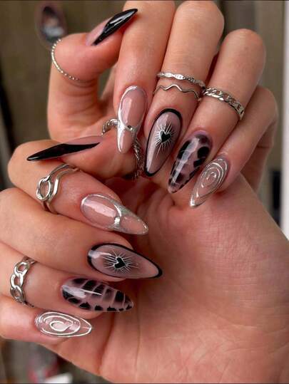 24片/套杏仁形短指甲，镀铬银色法式美甲贴片，饰有不规则金属液体图案，融合豹纹和心形元素，内含粘性标签，可重复使用，可佩戴，美甲贴片，美甲用品，适合女孩/女士日常佩戴、节日、春季美甲。