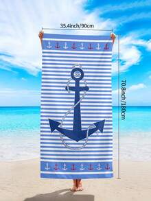 1pc Fashionable Simple Blue Striped Beach Towel, Anchor & Ocean Printed Beach Towel, Super Soft Quick Dry Beach Towel, Suitable For Travel, Camping, Swimming Pool, Yoga, Fitness, Shower, Beach Swimming Accessories, Beach Holiday Essential Gift (Single-Sided Floral Print, Multiple Colors Available) - Blue Stripes - View 9