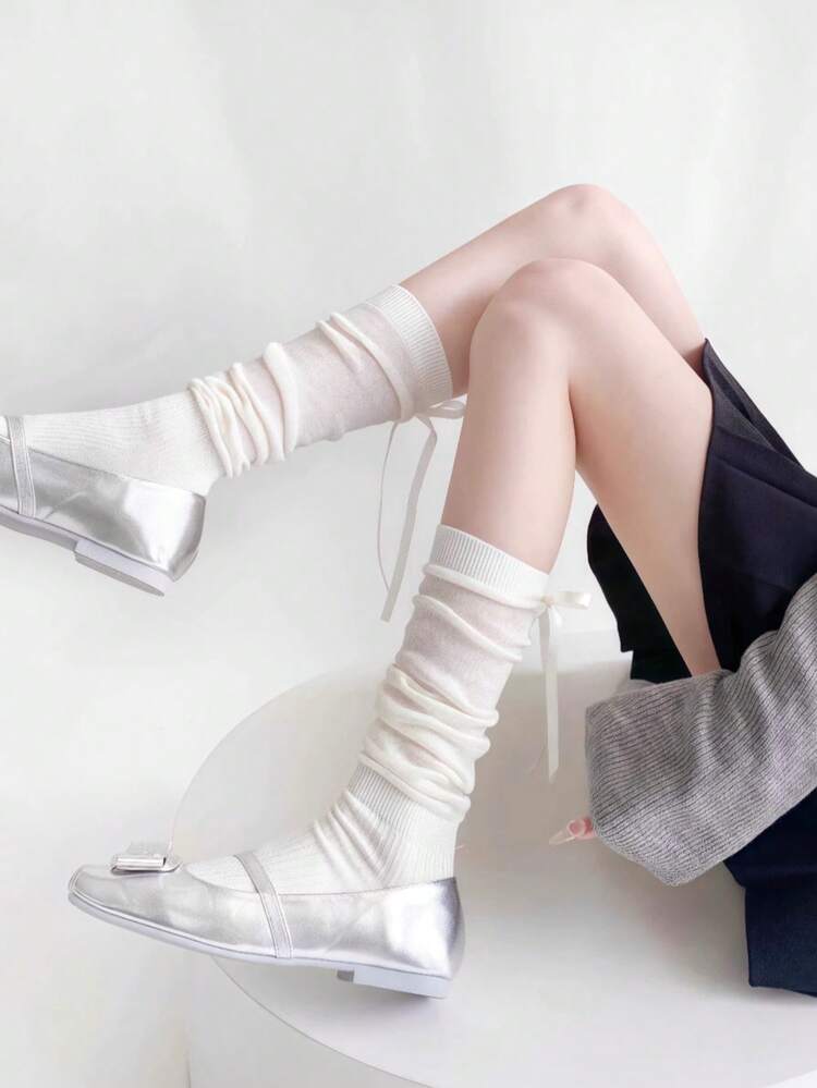 Women's Ballet-Inspired Sheer Socks - White Lightweight Knit Leg Warmers With Satin Ribbon Tie Details, Breathable Petite Aesthetic Socks, Suitable For Ballet-Inspired Outfits And Mary Jane Shoes For Commuting - Multicolor - View 1