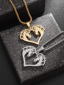 SeuSuk 1pc Stainless Steel Lucky Double Horse Head Animal Pendant Necklace, Men's Jewelry Gift - Gold - View 2