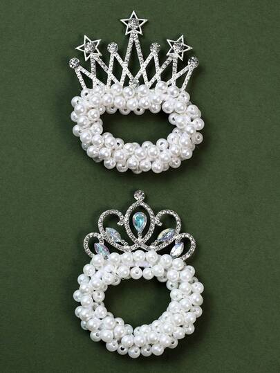 1/2 Pcs Girls Luxury Glass Rhinestone Crown Faux Pearls Hair Ties, Elegant Shinning Princess Star Crown Hair Rope, Nice Pearls Ponytial Holders Hair Accessory For Holiday Parties And Daily Use