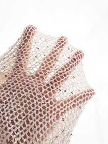 Yuwenier Sexy Hollow Out Sheer Sequin Embellished Crochet Cover-Up Batwing Long Sleeve Loose Fit Tops Rave Party Outfits For Women - Apricot - View 7