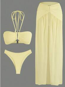 Bộ bikini hai dây màu trắng 3 món, bao gồm váy maxi xẻ tà xuyên thấu, đồ bơi gợi cảm cho nữ mùa hè, đi nghỉ mát bên hồ bơi, đi biển. - Vàng nhạt - Xem 5